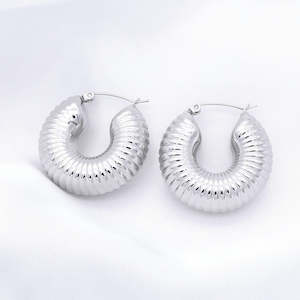 Stainless Steel Chunky Textured Hoop Earrings - Silver