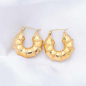 Jewellery: Stainless Steel Bamboo Hoop Earrings - Gold