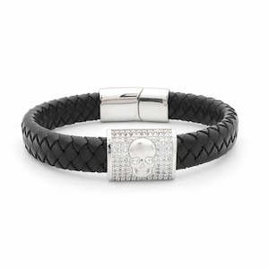 CZ Paved Skull Braided Leather Bracelet