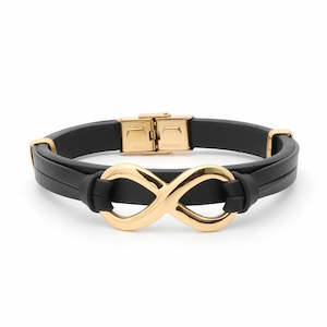 Jewellery: Infinity Symbol Black Leather Bracelet - Gold