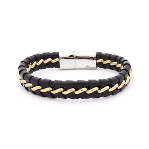 Two-Tone Black Braided Leather Bracelet - Gold