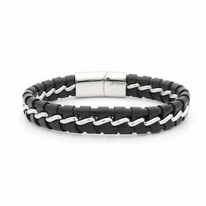 Two-Tone Black Braided Leather Bracelet - Silver