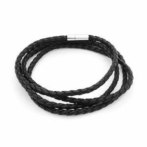 Multilayer Push In Black Leather Bracelet