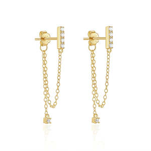 CZ Paved Bar with Chain Stud Earrings - Gold