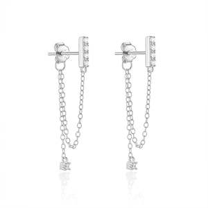 CZ Paved Bar with Chain Stud Earrings - Silver