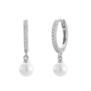 Pearl Charm Hoop Earrings - Silver