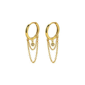 Round CZ Charm with Chains Huggie Hoop Earrings - Gold