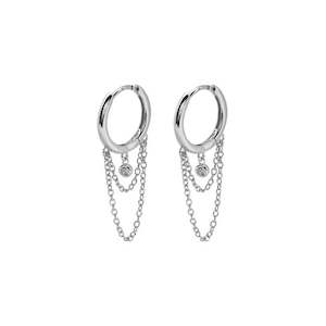 Round CZ Charm with Chains Huggie Hoop Earrings - Silver