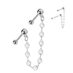 CZ Top Barbell Pearl Chain Cartilage Barbell