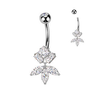 Diamond CZ And Marquise CZ Fan Dangle Titanium Belly Button Ring - Silver