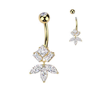 Diamond CZ And Marquise CZ Fan Dangle Titanium Belly Button Ring - Gold