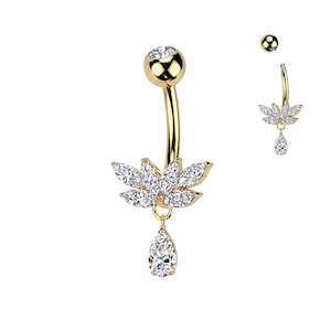 Marquise CZ Fan And CZ Teardrop Dangle Titanium Belly Button Ring - Gold