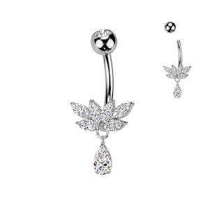 Marquise CZ Fan And CZ Teardrop Dangle Titanium Belly Button Ring - Silver