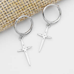 Sterling Silver Cross Charm Huggie Hoop Earrings - Silver