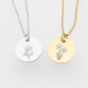 Personalised Round Disc Necklace - Birth Flower