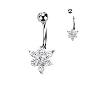 Jewellery: Marquise CZ Flower Titanium Belly Button Ring - Silver