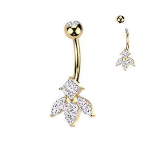 Marquise And Diamond CZ Flower Titanium Belly Button Ring - Gold