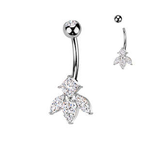 Marquise And Diamond CZ Flower Titanium Belly Button Ring - Silver