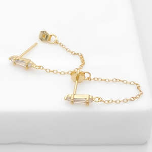 Jewellery: CZ Stud with Chain Earrings - Gold