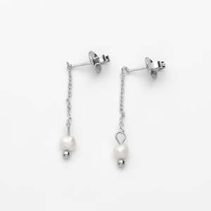 Stainless Steel Freshwater Pearl Dangle Earrings - Silver