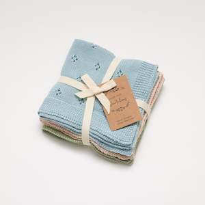 Over the Dandelions Organic Cotton Wash Cloth Set of 3 - Sky Blue, Fawn ,Thyme