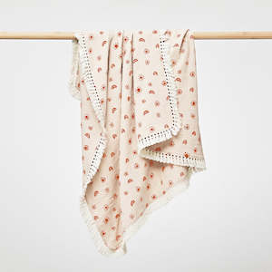 Store-based retail: Over the Dandelions Muslin Blanket with Boho Tassel Trim - Fringe Sunny Sand/Amber