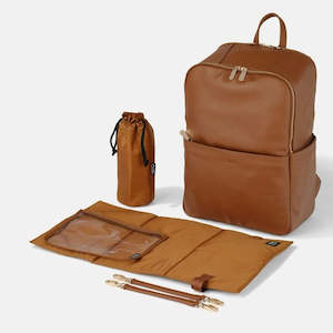 Store-based retail: OiOi Multitasker Leather Nappy Backpack- Chestnut brown