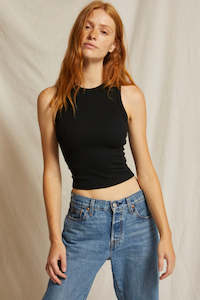 Perfect White Tee Gigi High Neck Cropped Ribbed Tank - True Black