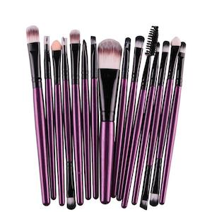 Professional 15 Pcs Cosmetic Makeup Brush Set - Black & Purple