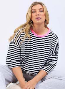 Mazie Stripe Ringer Sweat -Navy /White Stripe/Neon Pink Trim