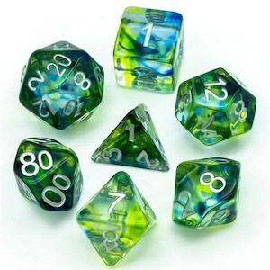 Game: RPG Dice | "Stained Glass" Blue & Green | Set of 7