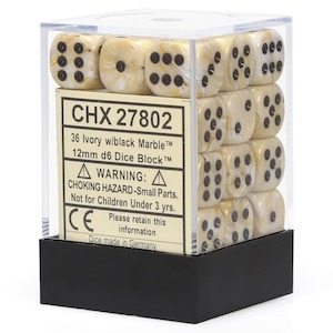 Game: CHX 27802 Marble 12mm d6 Ivory/Black Block (36)