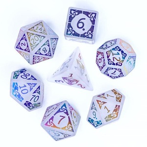 Gemstone Dice | White Quartz w/ Rainbow Foil Celtic Knot | Set of 7