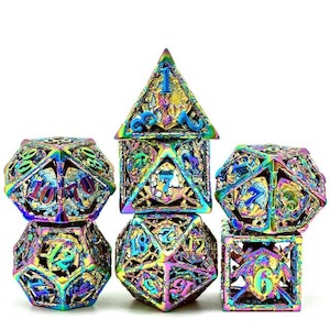 Hollow Metal Dice | "Dragon Coat of Arms" Rainbow | Set of 7