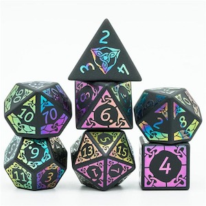 Gemstone Dice | Matte Obsidian w/ Rainbow Foil Celtic Knot | Set of 7