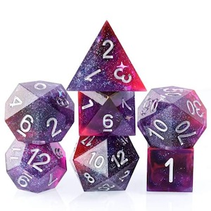 RPG Dice | "Plum Sparkle" (Sharp Edged) | Set of 7