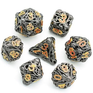 Metal Dice | Hollow "Octopus" Black & Gold | Set of 7