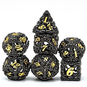 Metal Dice | Hollow "Skull" Black & Gold | Set of 7