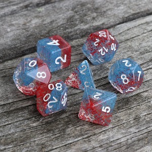 Game: RPG Dice - "Coral Reef" Red Blue Particles - Set of 7