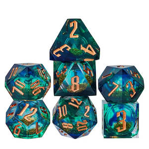 RPG Dice Set | Acrylic | Liquid Dice | Gold and Blue-Green