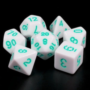 Polyhedral Dice Set | Acrylic | Solid White (Teal Ink) | Set of 7 (D0101)