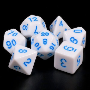 Polyhedral Dice Set | Acrylic | Solid White (Blue Ink) | Set of 7 (D0102)