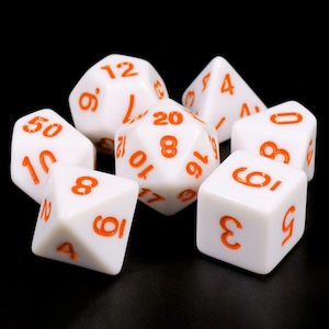 Polyhedral Dice Set | Acrylic | Solid White (Orange Ink) | Set of 7 (D0104)