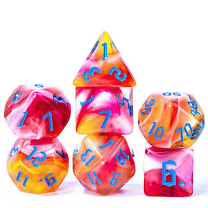 Polyhedral Dice Set | Acrylic | "Sunset Thorns" Blue Ink | Set of 7 (D0171)