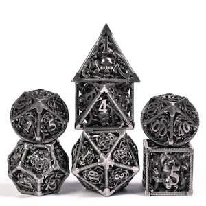 RPG Dice Set | Hollow Metal | "Medusa's Head" - Silver | Set of 7 (D0235)