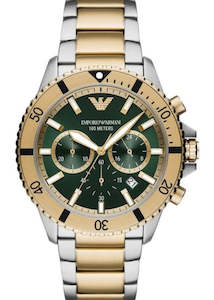 EMPORIO ARMANI GREEN DIAL CHRONGRAPH TWO TONE BRACELET AR11586