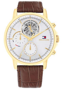 Jewellery: TOMMY HILFIGER STEWART SILVER DIAL BROWN LEATHER BAND 1710631