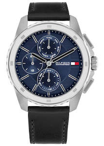 Jewellery: TOMMY HILFIGER WALKER BLUE DIAL BLACK LEATHER BAND 1710619