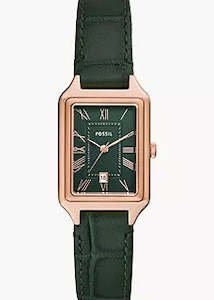 FOSSIL RAQUEL GREEN DIAL ROSE GOLD CASE GREEN LEATHER BAND ES5366