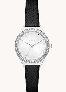 Jewellery: DKNY PARSONS CRYSTAL SET SILVER DIAL BLACK LEATHER BAND NY6610